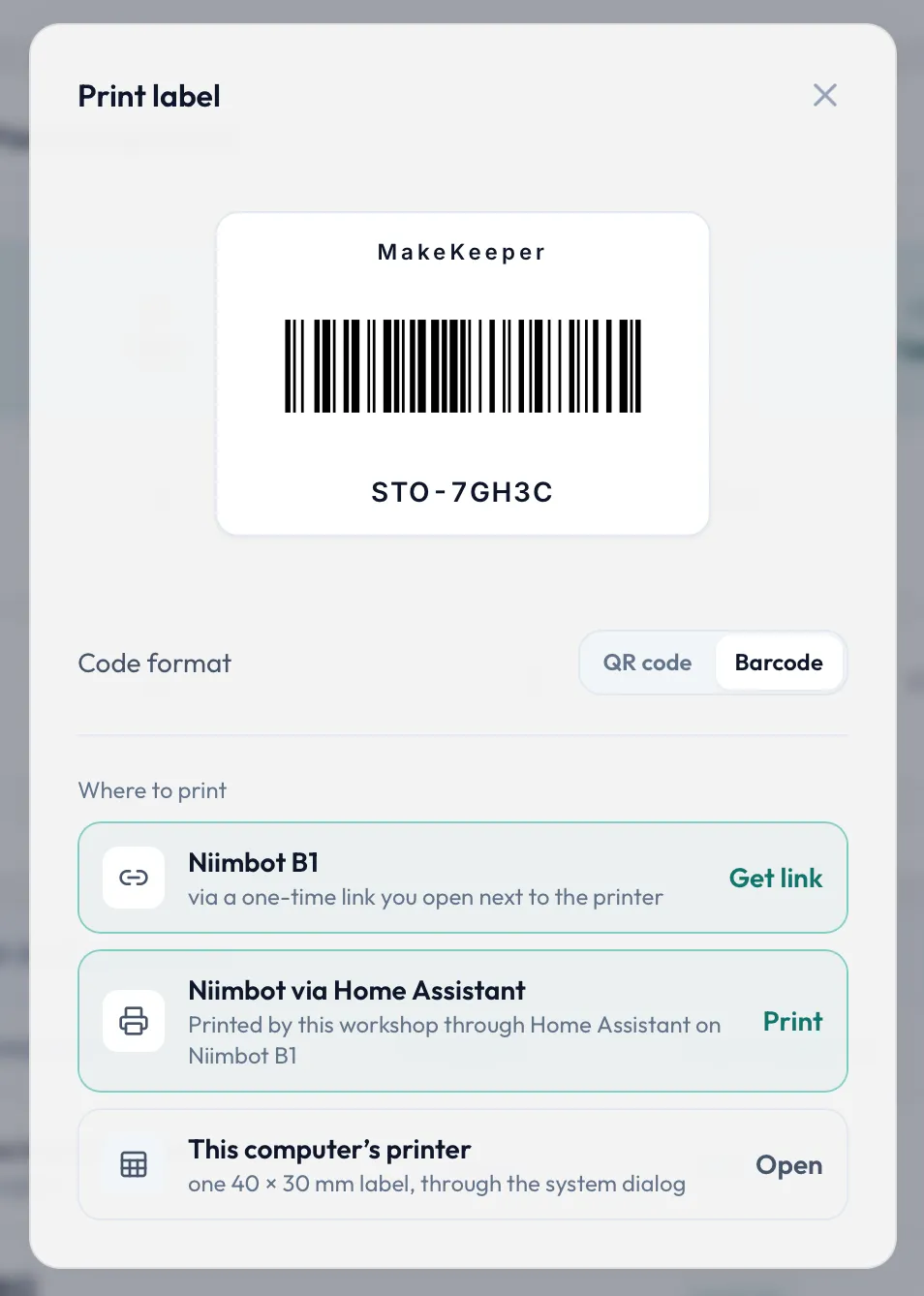 The Print label dialog: a barcode preview for STO-7GH3C above three rows — Niimbot B1 via a one-time link, Niimbot via Home Assistant, and this computer’s printer